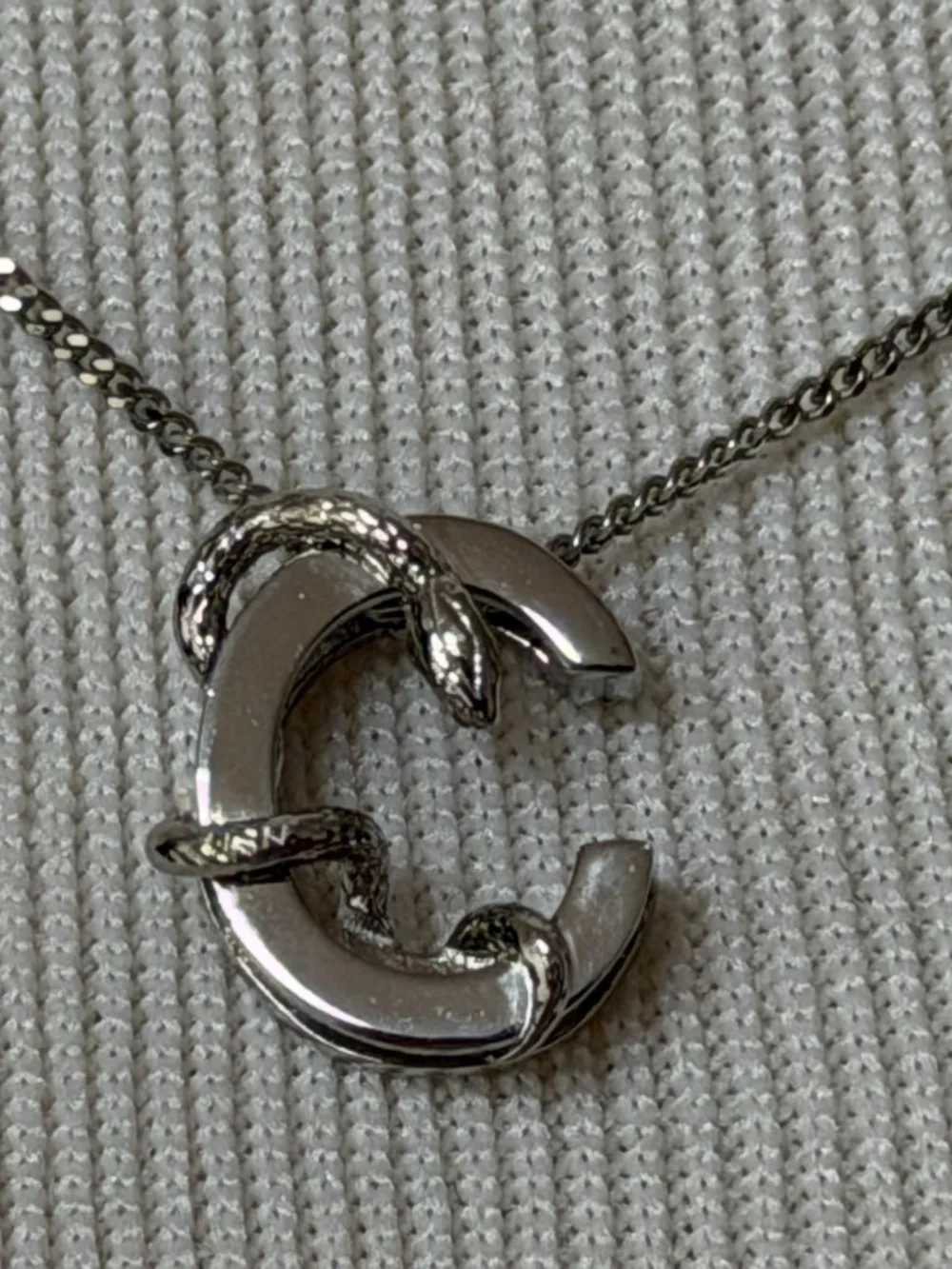 Saint Laurent YSL Sterling Silver C Initial Letter Snake Pendant Chain Necklace